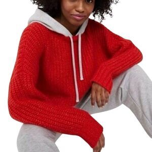 Aerie Offline Red and Gray Mixed Material Thick Knit Hoodie N0337